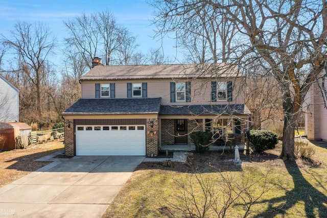 traditional home featuring a garage, brick siding, a porch, and concrete driveway