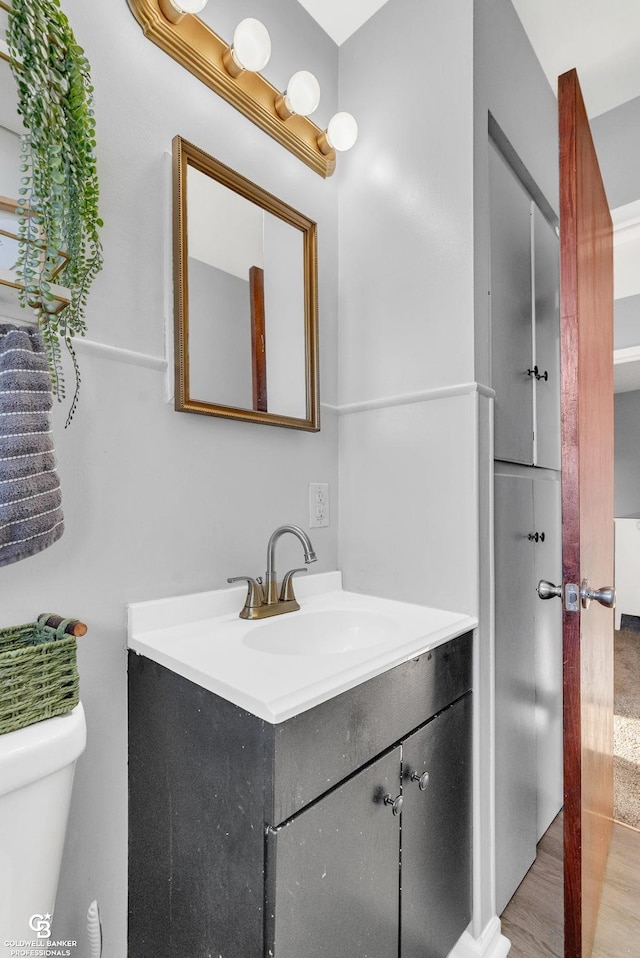 bathroom featuring vanity, toilet, and wood finished floors