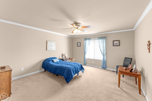 bedroom featuring crown molding, light colored carpet, and baseboards