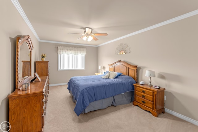 bedroom featuring baseboards, light colored carpet, ornamental molding, and a ceiling fan