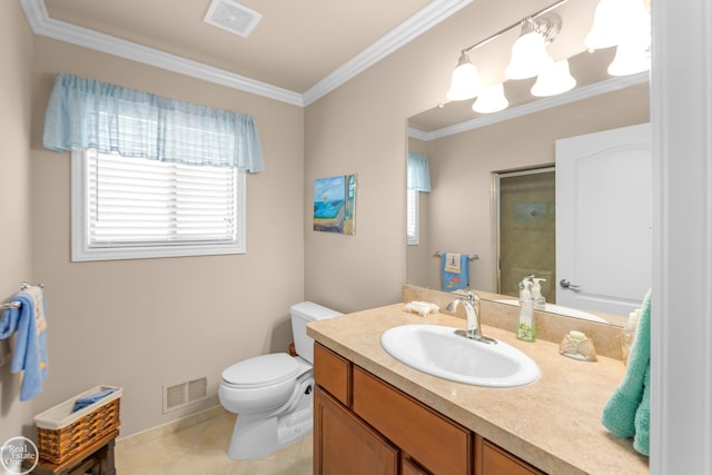 bathroom with tile patterned floors, toilet, visible vents, and ornamental molding