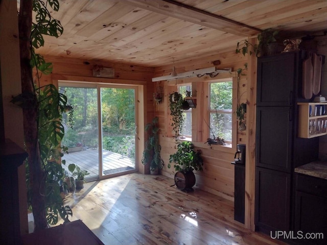 entryway featuring wooden ceiling, wood walls, and wood-type flooring