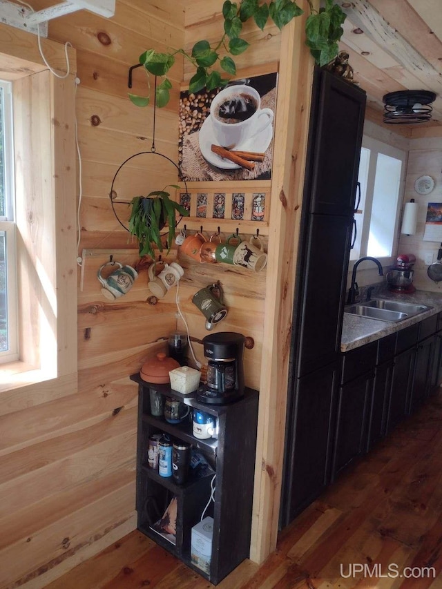 interior space featuring wooden walls, wood finished floors, and a sink