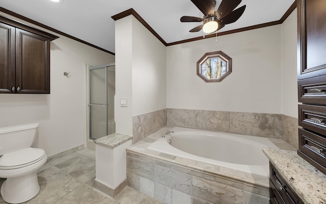 bathroom with toilet, a stall shower, crown molding, baseboards, and a bath