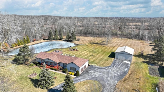 bird's eye view featuring a forest view and a water view