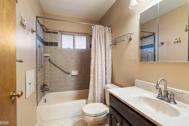 bathroom with vanity, shower / tub combo, toilet, and tile patterned flooring