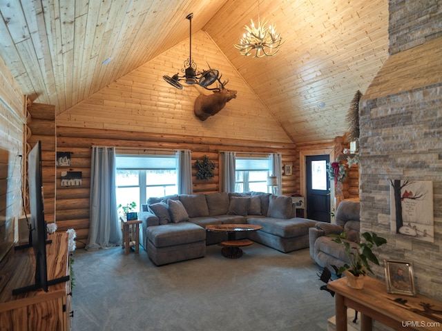 carpeted living area featuring rustic walls, a notable chandelier, wooden ceiling, and high vaulted ceiling