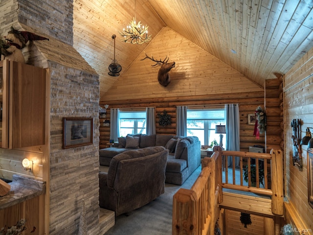 living room featuring an inviting chandelier, wooden ceiling, high vaulted ceiling, and rustic walls