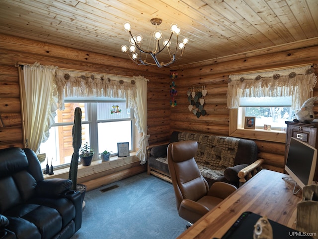 carpeted office space with a notable chandelier, wood ceiling, and visible vents