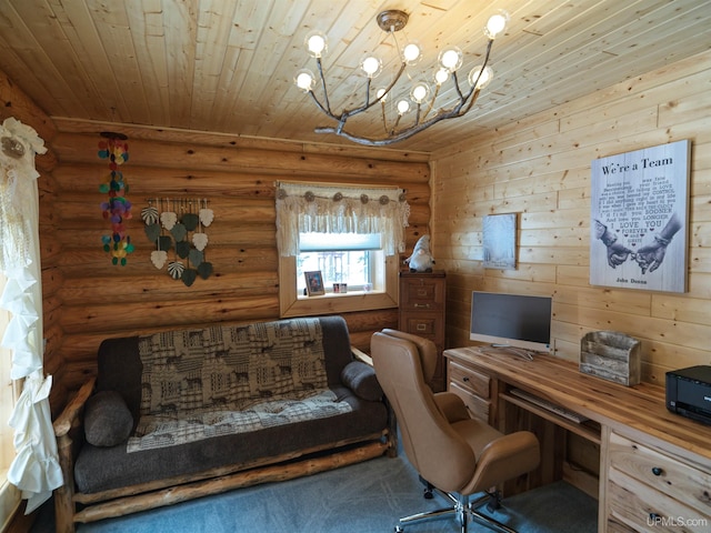 office area with wooden ceiling, carpet, and log walls