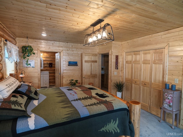 bedroom featuring wood ceiling, a closet, wood walls, and light carpet