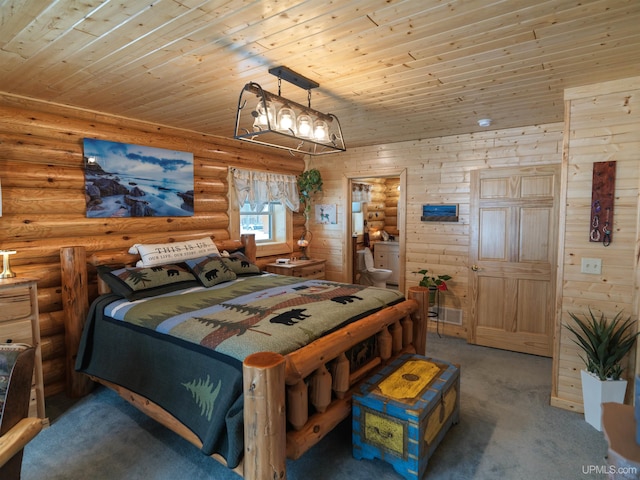 carpeted bedroom with rustic walls and wooden ceiling