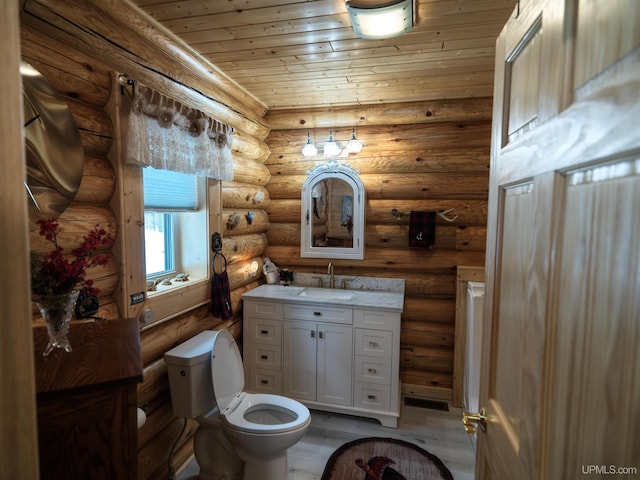 bathroom with wood finished floors, toilet, wooden ceiling, and vanity