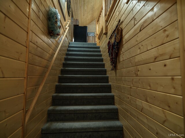 staircase featuring wood walls