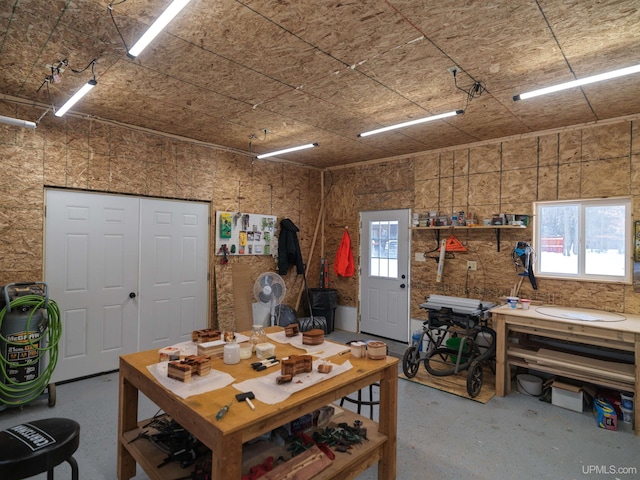 garage with a workshop area