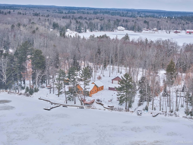 snowy aerial view with a forest view