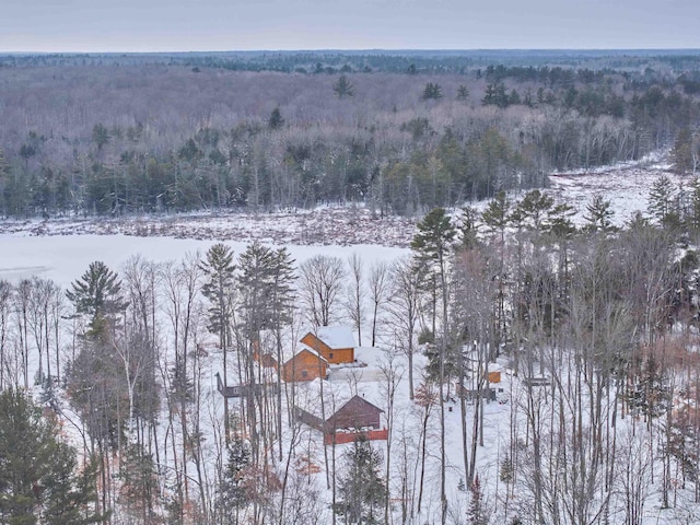 snowy aerial view featuring a view of trees