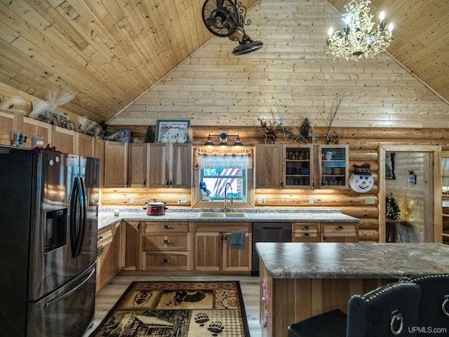 kitchen with high vaulted ceiling, log walls, a sink, wooden ceiling, and black refrigerator with ice dispenser