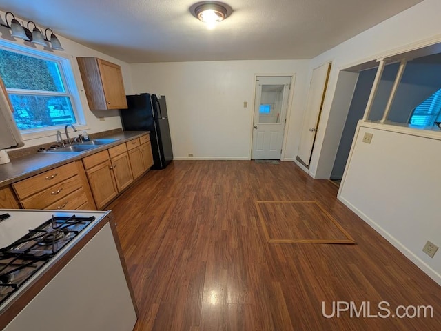 kitchen featuring a sink, dark countertops, dark wood-style floors, and freestanding refrigerator