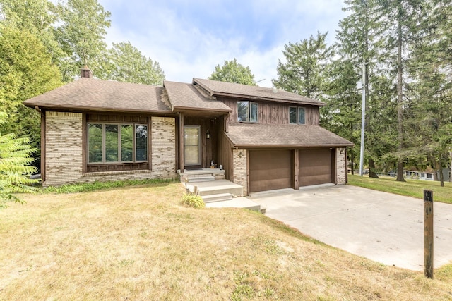 view of front of home featuring driveway, a front lawn, an attached garage, a shingled roof, and brick siding