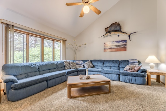 carpeted living room featuring high vaulted ceiling and ceiling fan