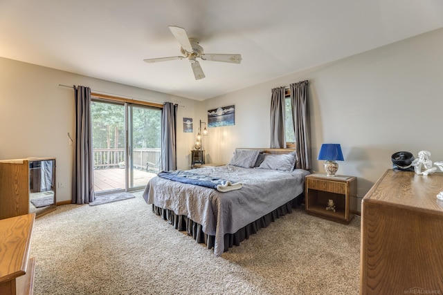 carpeted bedroom with baseboards, ceiling fan, and access to outside