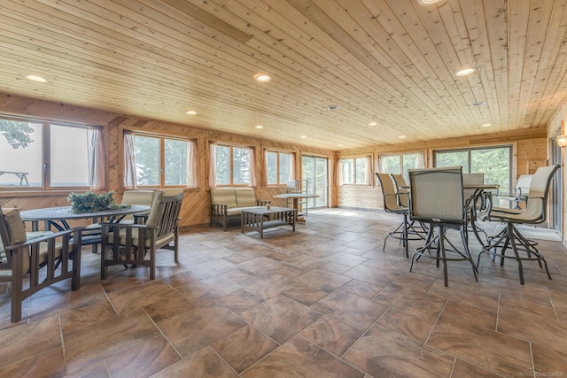 dining area with recessed lighting, wooden walls, and wooden ceiling