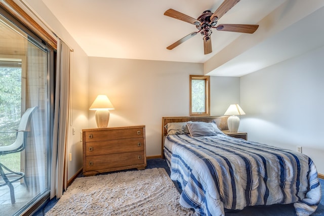 bedroom with baseboards, ceiling fan, and access to outside