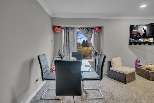 dining space with carpet flooring, recessed lighting, and baseboards