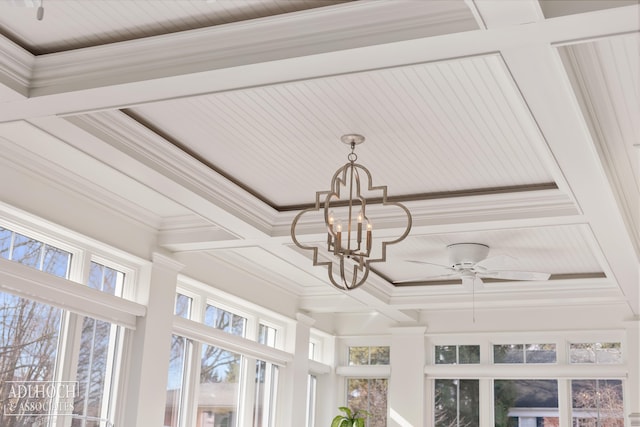 room details with ceiling fan with notable chandelier, coffered ceiling, and ornamental molding