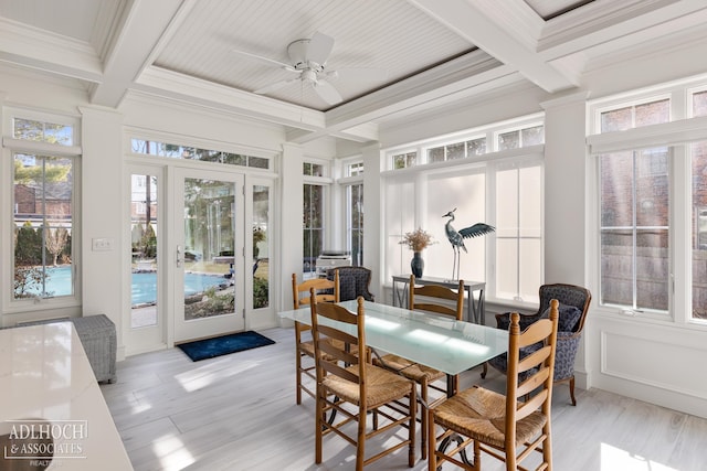 sunroom / solarium featuring beamed ceiling, coffered ceiling, and ceiling fan