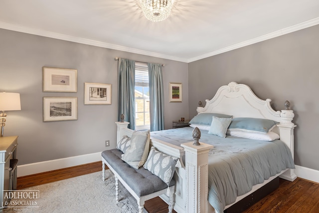 bedroom with baseboards, an inviting chandelier, wood finished floors, and ornamental molding