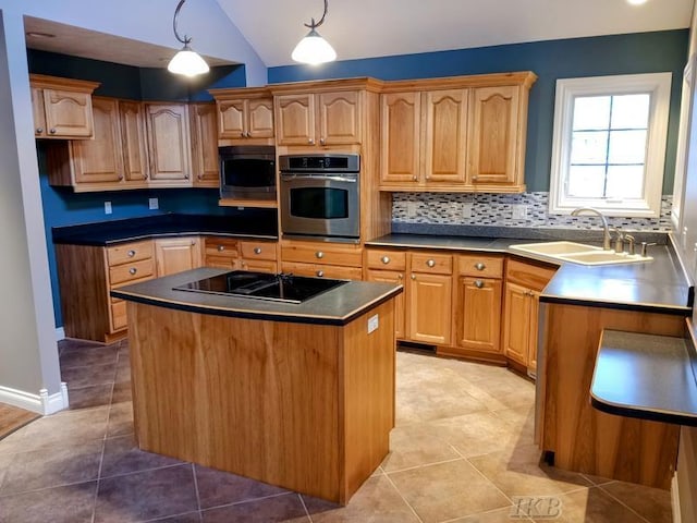 kitchen featuring a sink, backsplash, a center island, stainless steel appliances, and light tile patterned floors