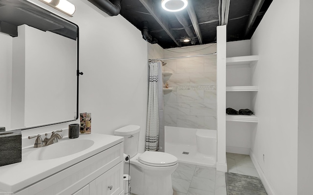 bathroom featuring vanity, baseboards, a shower stall, toilet, and marble finish floor