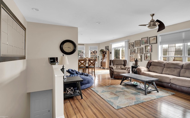 living room featuring a ceiling fan and light wood finished floors