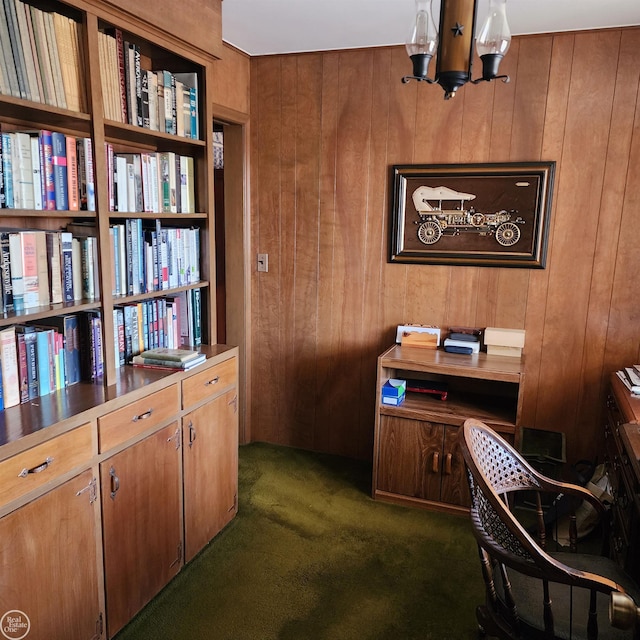 office space with wooden walls and dark colored carpet