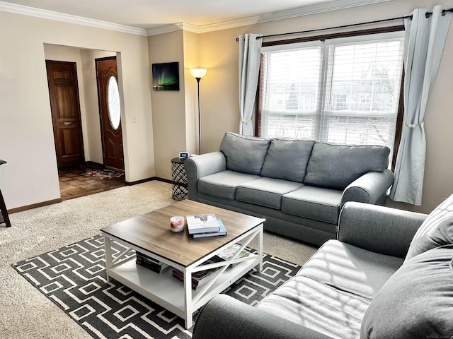 living area with carpet flooring, crown molding, and baseboards