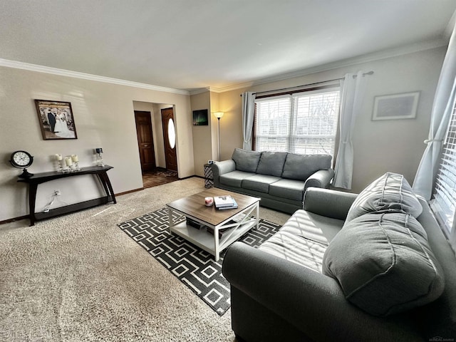 carpeted living room with baseboards and ornamental molding