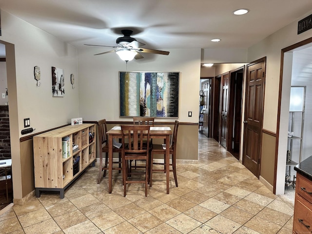 dining area featuring recessed lighting, baseboards, and ceiling fan