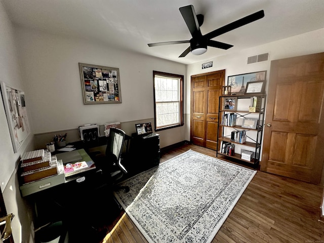 office featuring ceiling fan, visible vents, and wood finished floors