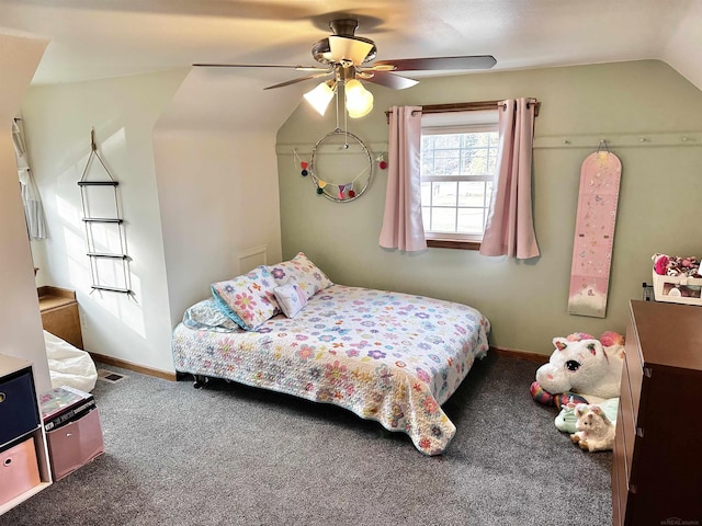 carpeted bedroom with baseboards, lofted ceiling, and a ceiling fan