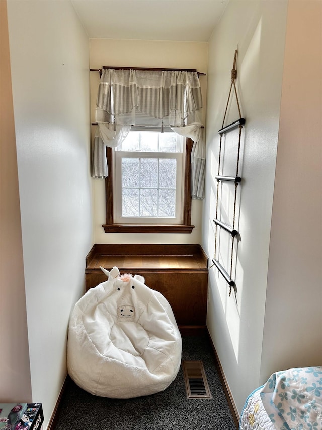 interior space featuring visible vents, carpet flooring, and baseboards