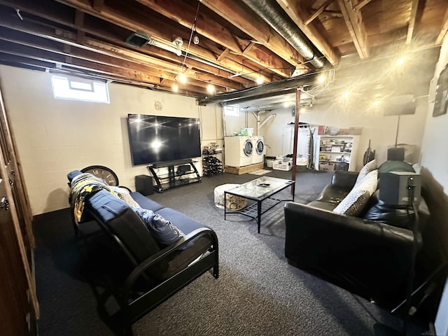 living room with independent washer and dryer