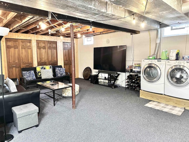 living room featuring washer and dryer