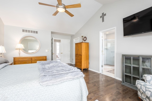 bedroom with baseboards, visible vents, dark wood-style flooring, ceiling fan, and connected bathroom