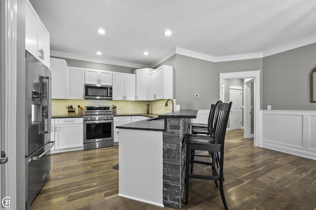 kitchen featuring a peninsula, dark wood-style flooring, appliances with stainless steel finishes, and a sink