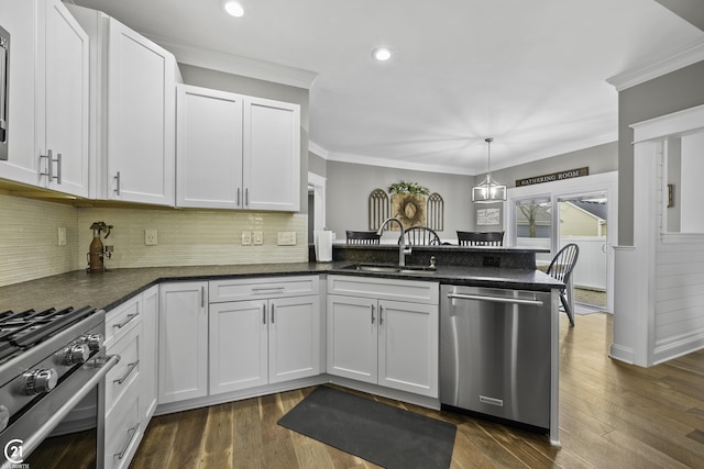 kitchen featuring dark wood-style floors, stainless steel appliances, crown molding, and a sink