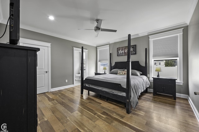 bedroom with a ceiling fan, wood-type flooring, baseboards, and ornamental molding