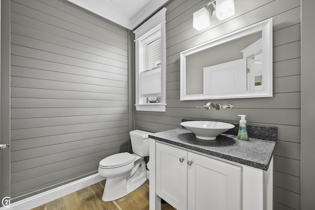 bathroom with toilet, wood finished floors, vanity, and wood walls