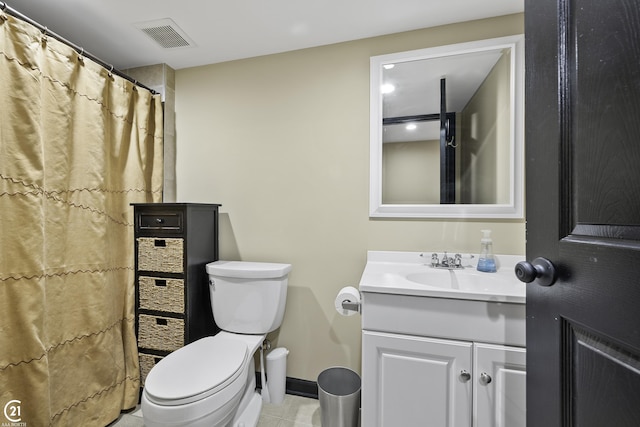 full bath featuring tile patterned flooring, visible vents, baseboards, toilet, and vanity